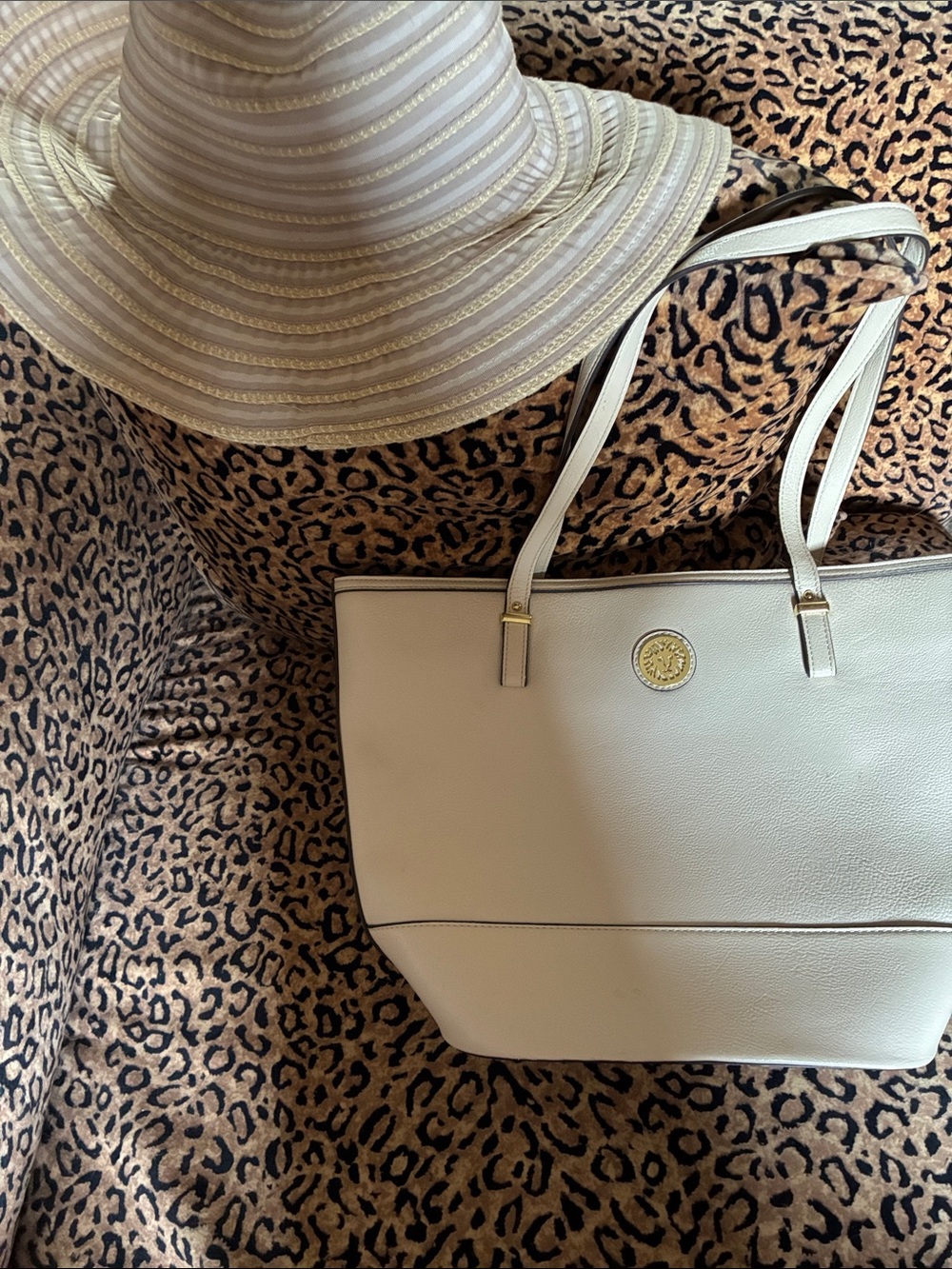 Women's Cream Tote Bag with Gold Medallion Accent